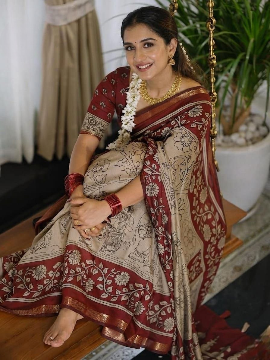 Heritage Kalamkari Mul Mul Cotton Saree - Brick Red